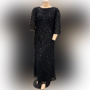 ADRIANNA PAPELL Black Sequin 3/4-sleeve Embellished Formal Maxi Gown Dress 14W